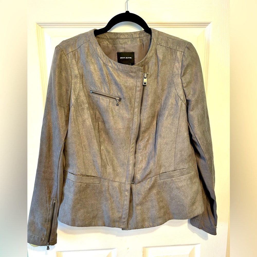EUC DNKY Jeans Gray Microsuede Asymmetrical Moto Jacket Large